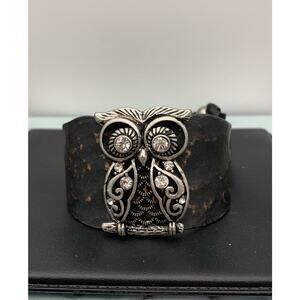 Antiqued Copper Cuff Bracelet With A Silver Tone Owl W Rhinestones Adj. Boho